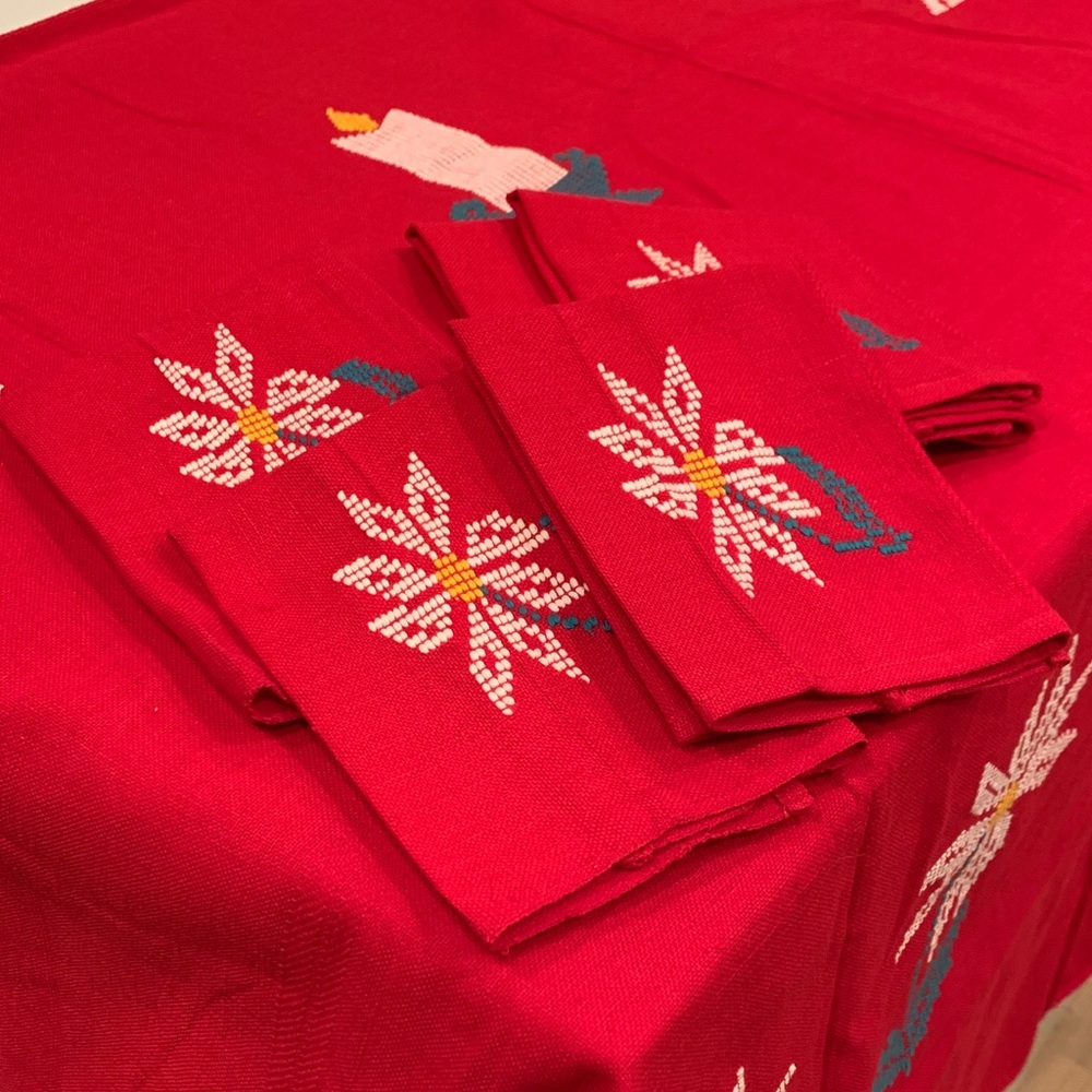 Holiday Embroidered Tablecloth with Eight Matching Napkins- lovely set! NWOT